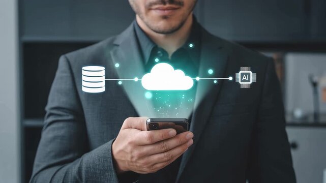Cloud data integration: A man in a suit using a phone to visualize cloud data integration between database and AI watch, a metaphor for advanced technology, data connectivity and smart living.