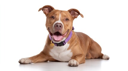 Happy brown pit bull terrier dog wearing a purple collar lying down isolated on white background, studio shot of a friendly rescue dog looking at camera, pet adoption concept.
