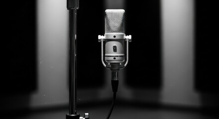 Studio microphone on stand, lit dramatically against a dark, blurred background