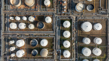 Aerial view industrial storage tank farm for oil and gas or chemical, Global fuel supply oil and...
