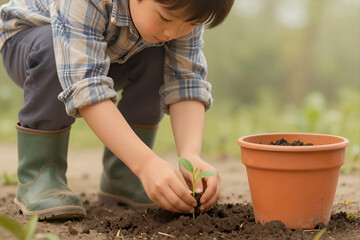 Fototapeta premium Young Child Planting a Small Seedling in Garden Soil with Terracotta Pot Natural Outdoor Gardening Activity for Education Environmental Awareness and Sustainability Concept