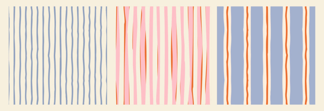 Set of seamless abstract stripe patterns with hand-drawn vertical lines. Modern decorative vector backgrounds with irregular organic stripes in soft colors. Suitable for textile, packaging, wallpaper,