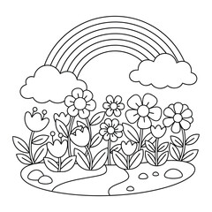 Naklejka premium Flower garden coloring page with rainbow above blooming spring flowers in simple outline