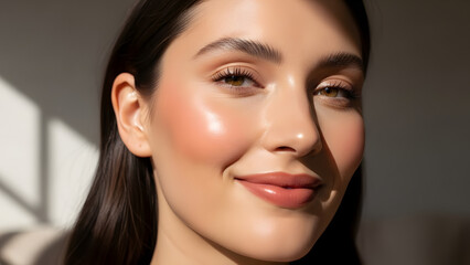 Fototapeta premium Radiant Young Woman with Natural Glowy Makeup Smiling in Warm Golden Hour Sunlight Highlighting Dewy Cheekbones and Skin