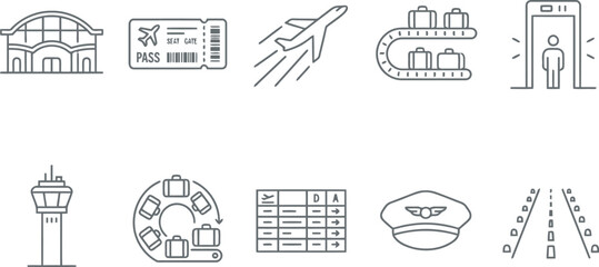 Collection of airport and aviation line icons featuring terminal, ticket, plane, and security