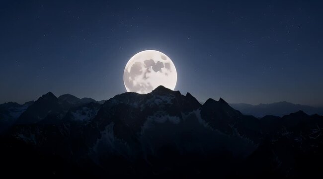 Mystical moonscape shining behind snow capped mountain range at night