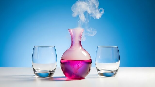 Alchemical transformation with a glowing pink elixir and steam in glassware