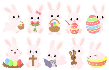 Obraz premium Easter Bunny collection. Cute pink rabbit characters with colorful eggs, basket and christian cross. Kawaii vector set.
