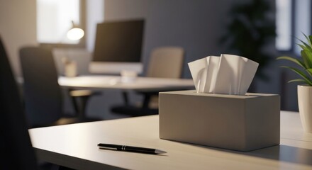 Fototapeta premium Tissue box, pen on desk in warm, blurred office scene