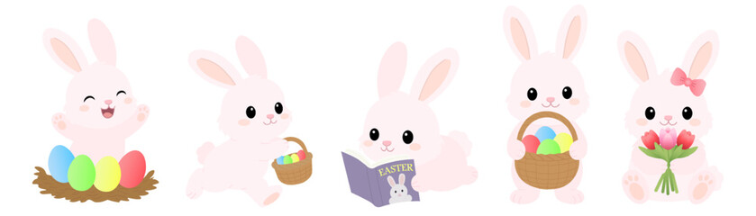 Fototapeta premium Easter Bunny collection. Cute pink rabbit characters with colorful eggs, basket and christian cross. Kawaii vector set.