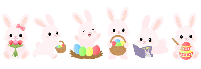 Obraz premium Easter Bunny collection. Cute pink rabbit characters with colorful eggs, basket and christian cross. Kawaii vector set.