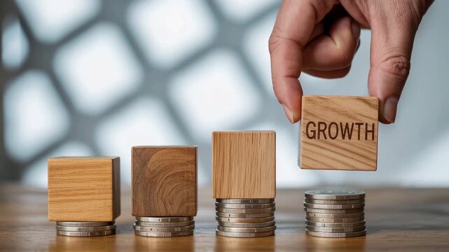 Business growth and investment: A hand carefully places a wooden block labeled Growth onto a stack of coins, symbolizing the upward trajectory of investment.