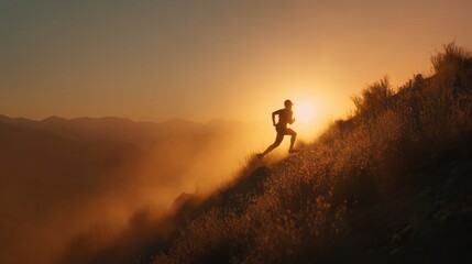 Silhouette of a runner climbing a steep hill at sunrise with dust and golden light.
