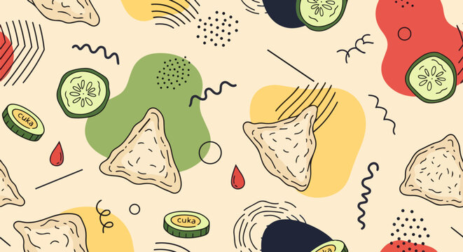 Indonesian Pempek Seamless Pattern: Modern Memphis Style Background with Fishcake and Cuko