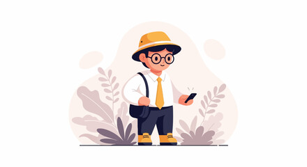 Cheerful child with safari hat, glasses, and smartphone stands amidst foliage © Vera