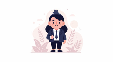 Obraz premium Cute cartoon character in a suit with a tie, standing among stylized plants and soft shapes