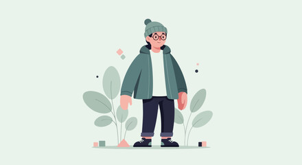 A stylized character with glasses and a beanie stands in a minimalist outdoor setting with abstract plants © Vera
