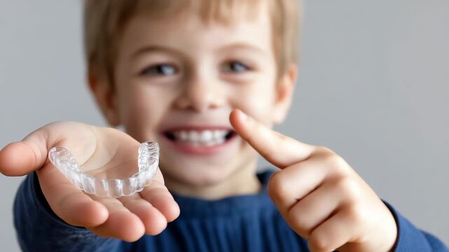 Smiling child demonstrates clear retainers with playful excitement and enthusiasm