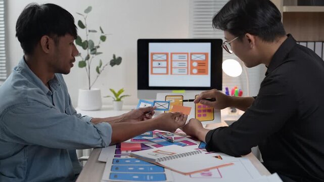 Two men are working on a project together. One of them is holding a piece of paper and the other is looking at it. Scene is focused and collaborative