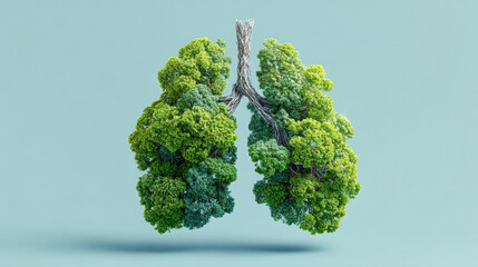 Naklejka premium Artistic representation of human lungs made from green leafy trees, symbolizing nature and respiratory health.