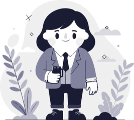 Stylized figure in suit holds mug amidst abstract foliage and geometric shapes