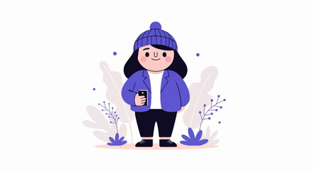 Fototapeta premium Cute cartoon figure in purple beanie and jacket holding a phone