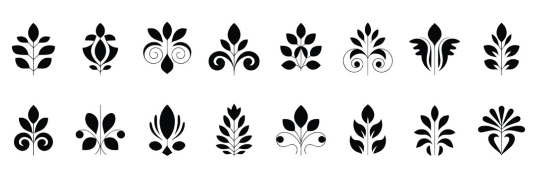 Palmettes Elements Symbols Vector Set, decorative vector illustration collection featuring classical palmette motifs, ornamental floral patterns, and elegant design elements, ideal for vintage, 