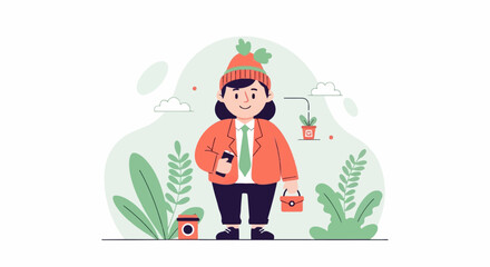 A person in a hat and coat with a briefcase and coffee, amidst greenery and clouds