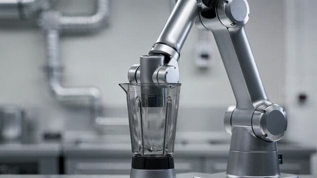 Focused medium shot of a robotic smoothie station in idle mode the robotic arm paused midair with a softly defocused backdrop highlighting the machinery.