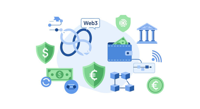 Web3 and DeFi Concept Illustration. Secure Digital Finance, Blockchain Technology, Wallet, Currency Security Shields, and Banking Integration.