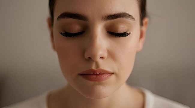 Close up of a young woman's serene face with closed eyes