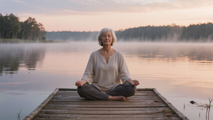 Serene Senior Woman Meditating by Misty Lake at Dawn