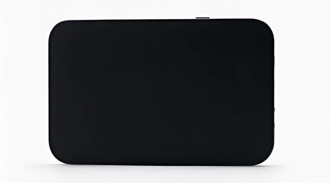 Black electronic device on a white surface, with rounded edges and minimalist design