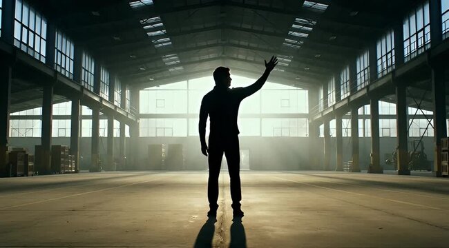 A lone figure raises his hand in a vast empty warehouse