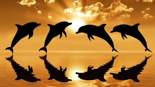 Silhouetted dolphins leaping in unison across a fiery orange sunset sea