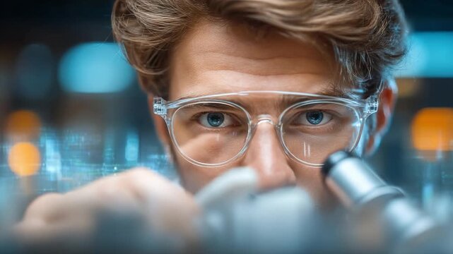 Microscopic Discovery: A focused scientist peers intently into a microscope, his eyes reflecting a blend of curiosity, precision, and the dedication to scientific exploration.