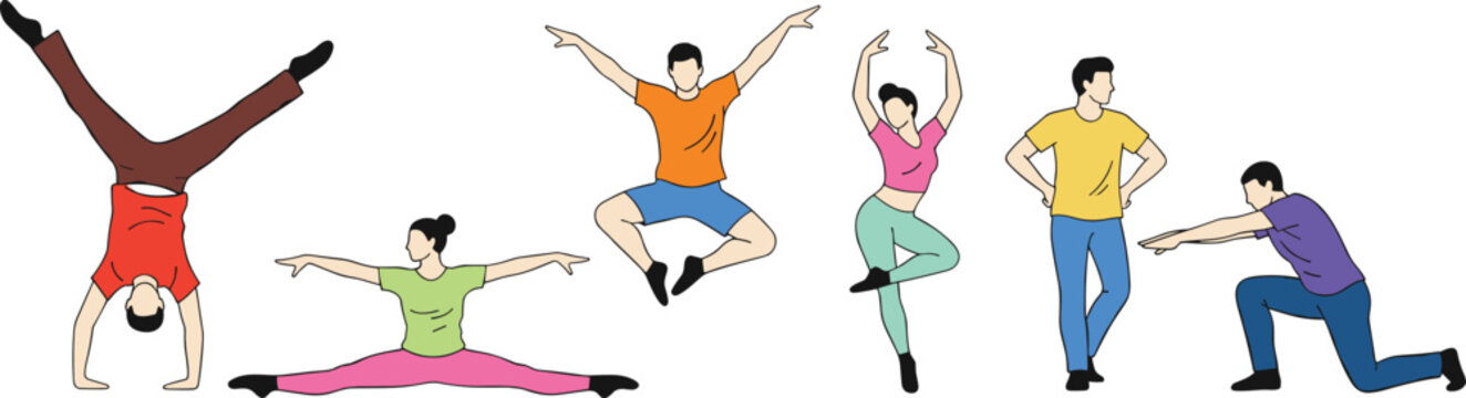 Flat vector illustration set of six athletes performing gymnastic and dance moves including handstands full splits and ballet jumps