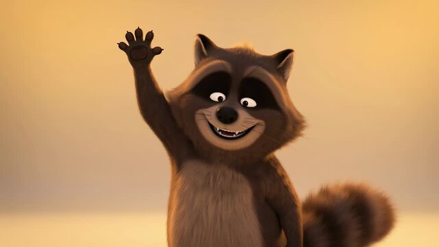 Animated raccoon waving hello with cheerful expression against a soft yellow gradient background perfect for childrens content