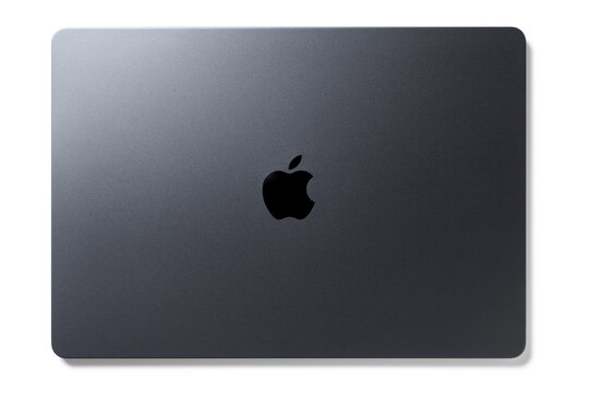 St Petersburg, Russia - May 13 2025. Close-up top view of Macbook grey laptop by Apple. Mackbook Air 15 M4 Grey chip 2025
