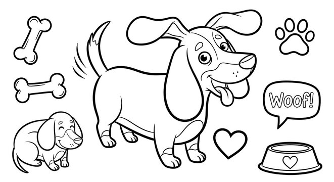 Cartoon dog illustration with bones paw print bowl and woof speech bubble