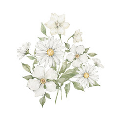 Fototapeta premium Watercolor bouquet with white flowers, leaves. Chamomile, roses, daffodils