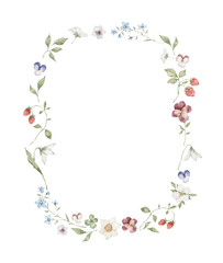 Obraz premium Watercolor floral wreath with blooming spring flowers, leaves, berries. Colorful viola, pansies, strawberries