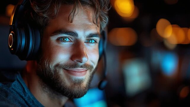 Gamer's Gaze: A close-up shot of a young man fully engaged in gaming, his eyes alight with excitement, wearing a headset, in a softly lit, dynamic environment.