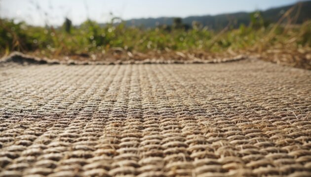 Close-up Woven Abaca Fiber Mat Texture with Blurred Natural Background