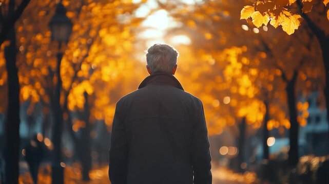 Autumn Stroll: A solitary figure walks down a vibrant tree-lined path, enveloped in the warm hues of autumn, capturing a moment of peaceful contemplation.