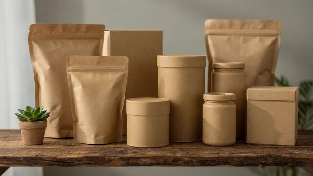 Medium frame capturing earthtoned kraft packaging on rustic shelves containers in sharp detail against a muted blurred display wall promoting green packaging.