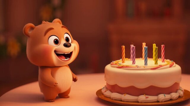 Animated teddy bear celebrating birthday near festive cake with lit candles cartoonish joy and wonder