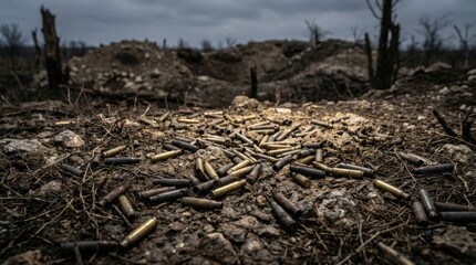 Fototapeta premium Scattered Ammunition Casings on a War-Torn Battlefield Ground with Barbed Wire