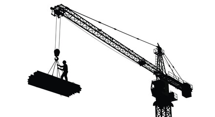 A striking black silhouette depicts a towering construction crane lifting a heavy concrete block with a worker silhouette