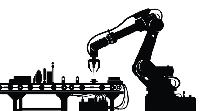 An industrial robotic arm operates over a factory assembly line showcasing automated manufacturing processes in stark silhouette high quality